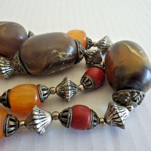 VINTAGE MONIES GERDA LYNGGAARD AMBER BAKELITE TURQUOISE BARREL BEADED NECKLACE - Picture 6 of 8